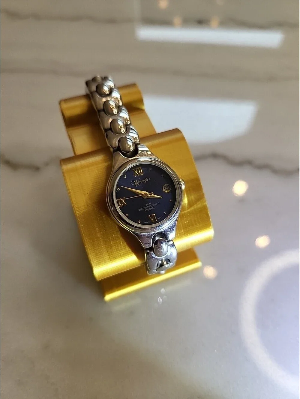 Vtg Womens Watch Wrangler Watch Classic Silver Tone SSteel Blue Dial Working EUC